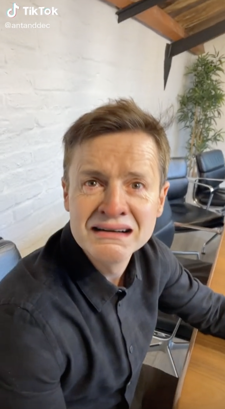 Declan Donnelly with the crying face filter on in a TikTok 