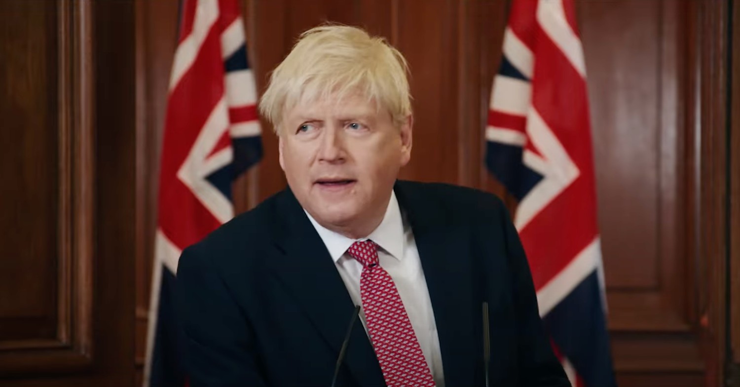 Kenneth Branagh as Boris Johnson, giving a speech in This England