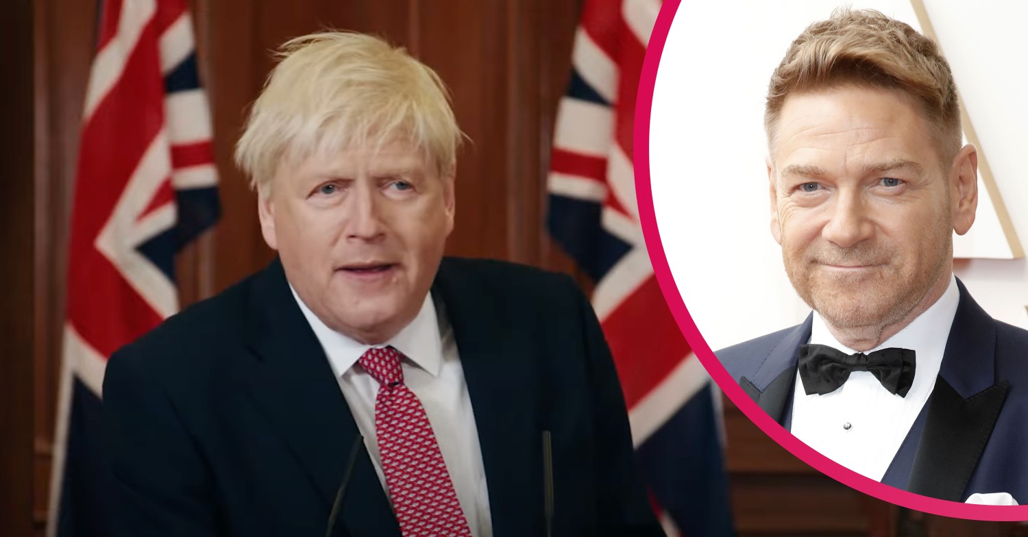 Kenneth Branagh as Boris Johnson, Kenneth Branagh in a tuxedo smiling for the camera at the Oscars