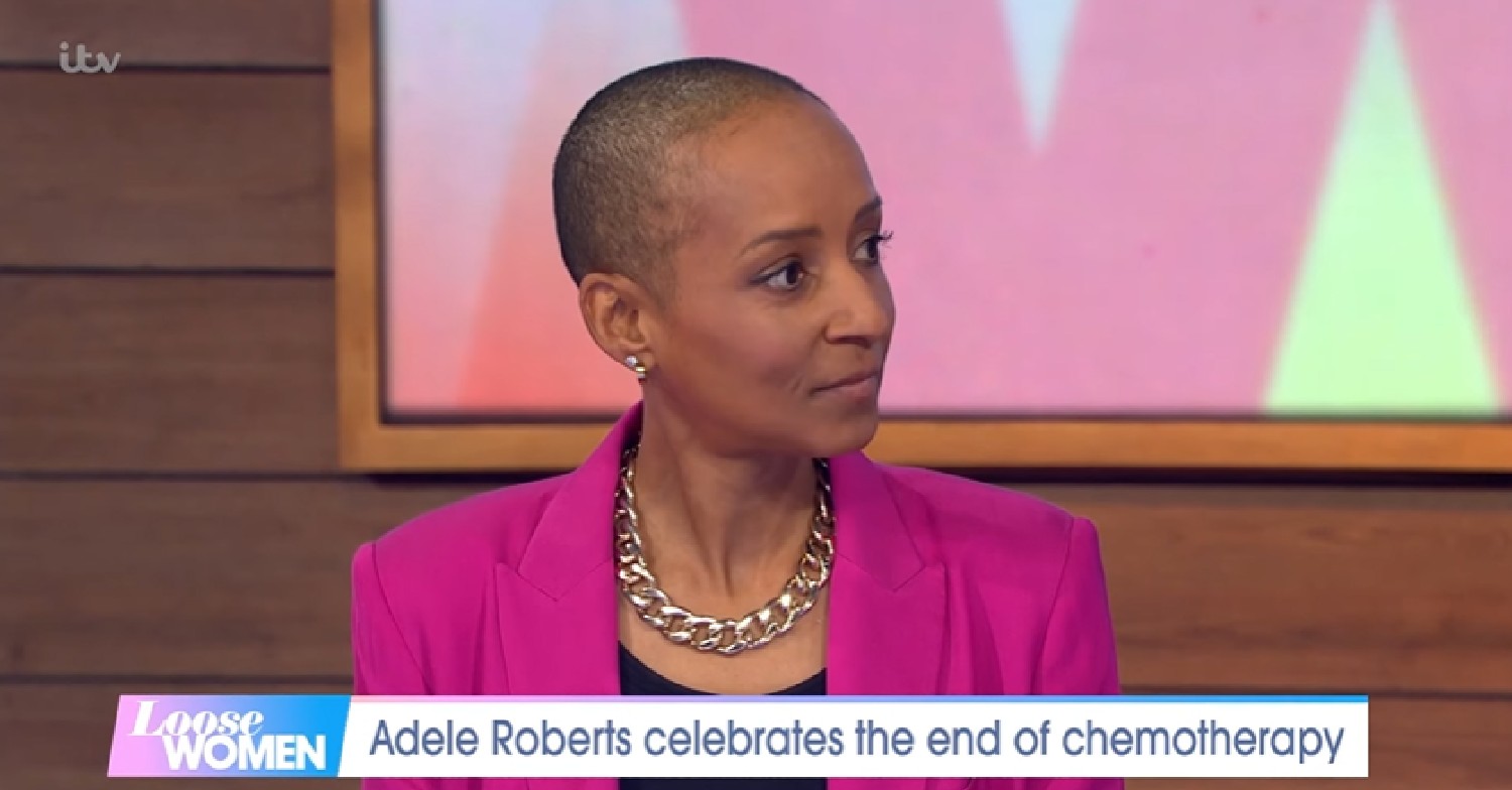 Adele Roberts looking to the right in pink blazer during interview on Loose Women May 18, 2022