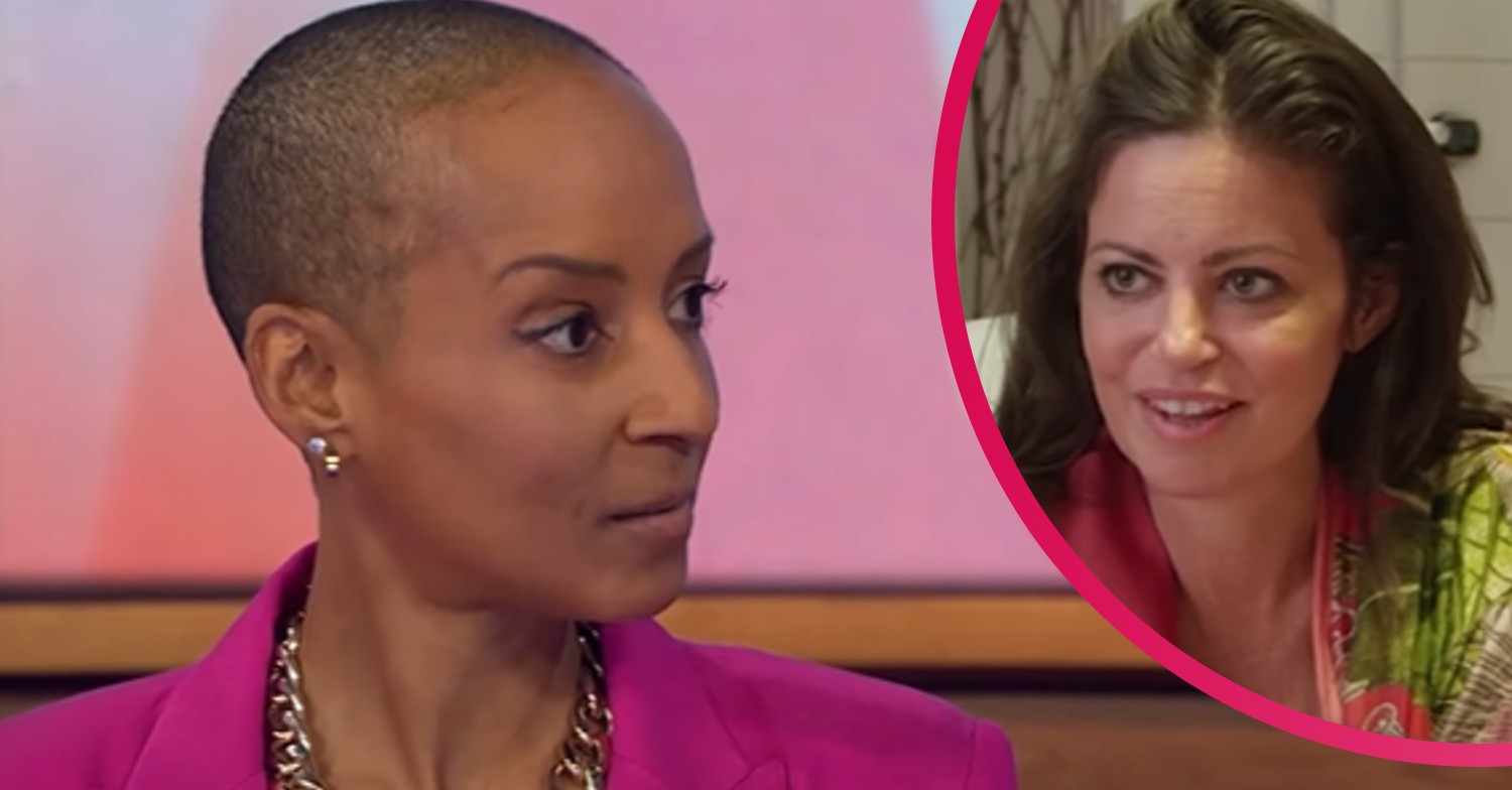 Adele Roberts looking to right in pink blazer on Loose Women and Deborah James talking on Lorraine