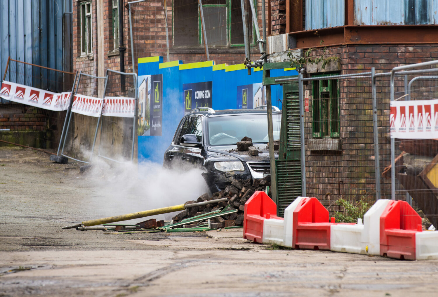 There is a car crash on Coronation Street and Toyah and Imran lie unconscious in the wreckage