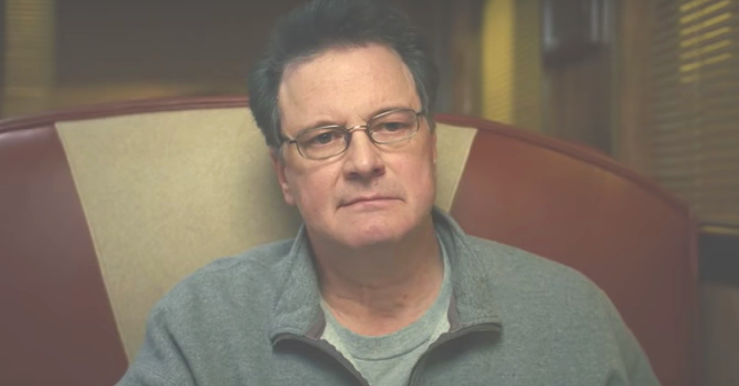 Colin Firth sitting in a chair staring as Michael Peterson in Sky's The Staircase