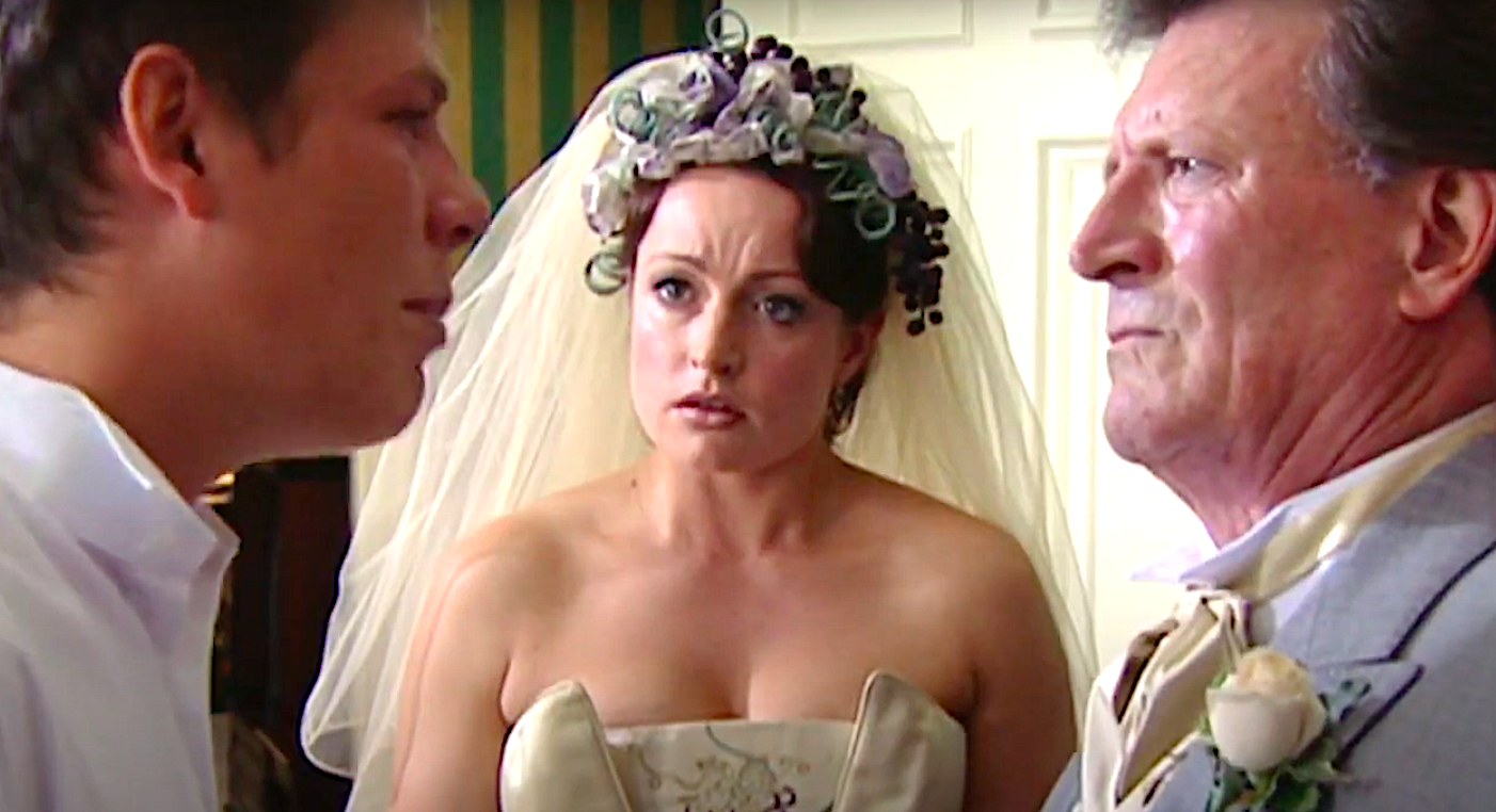 Linda Baldwin looks from Mike to Mark on her wedding day