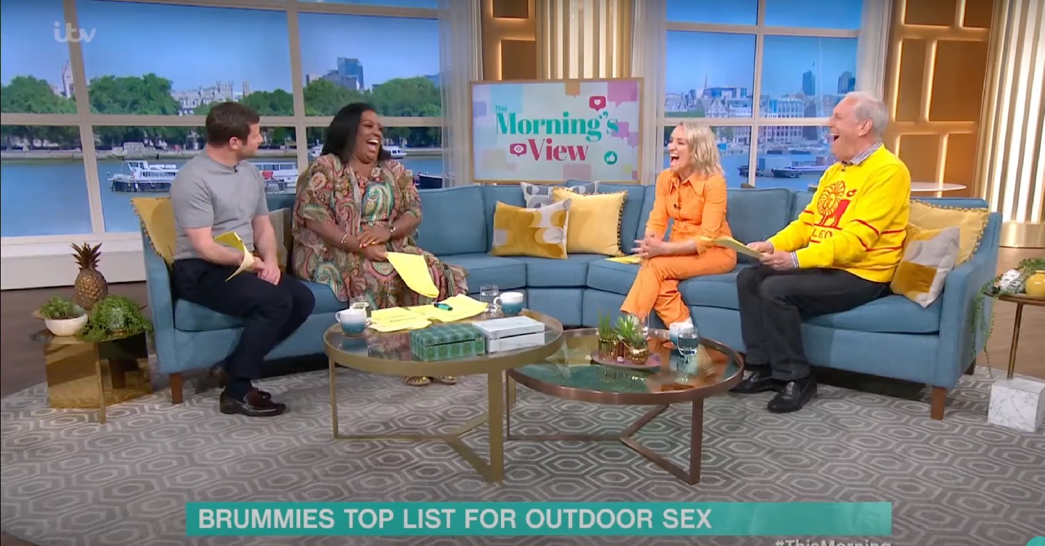Dermot O'Leary, Alison Hammond, Kate Quilton, and Gyles Brandreth laughing on ITV This Morning