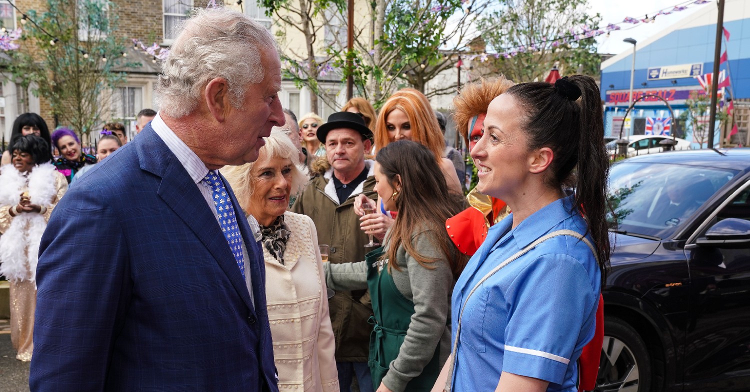 Prince Charles speaking to Natalie Cassidy on EastEnders