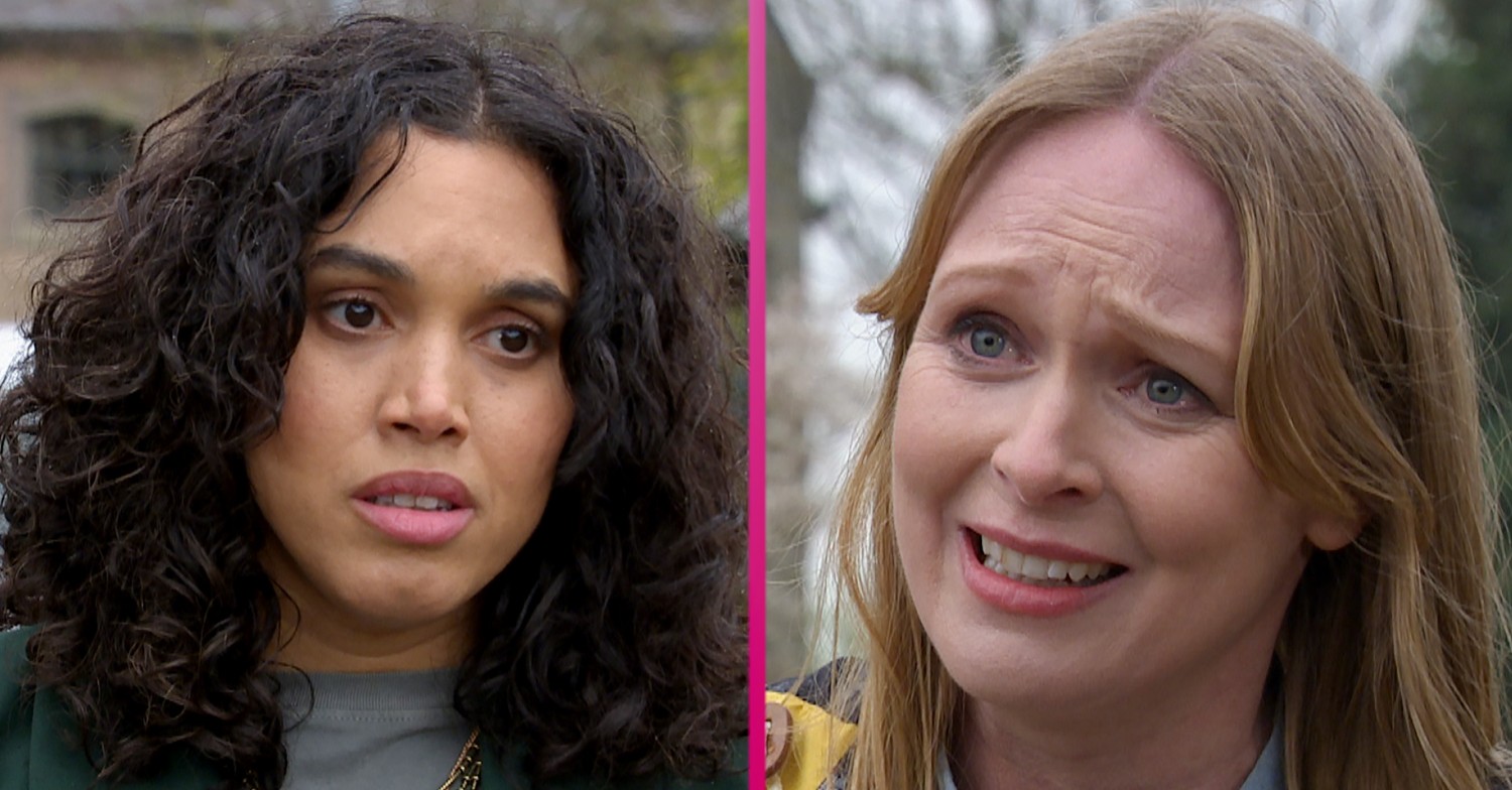 Suzy looking worried and Vanessa looking sad in Emmerdale