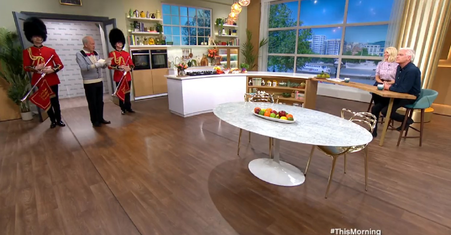 Gyles Brandreth reads announcement to Holly Willoughby and Phillip Schofield inside This Morning studios