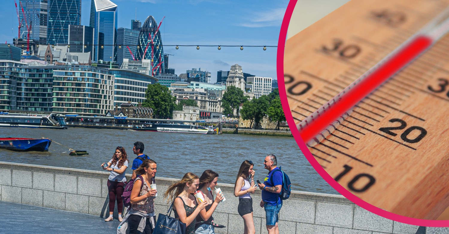 People walking along London embankment during UK weather heatwave, thermometer showing 30C