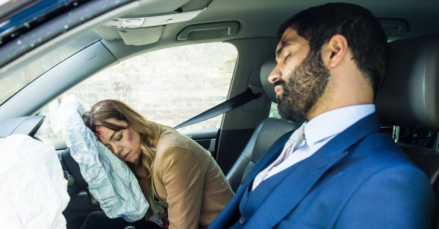 Imran and Toyah both slump in the car after the crash