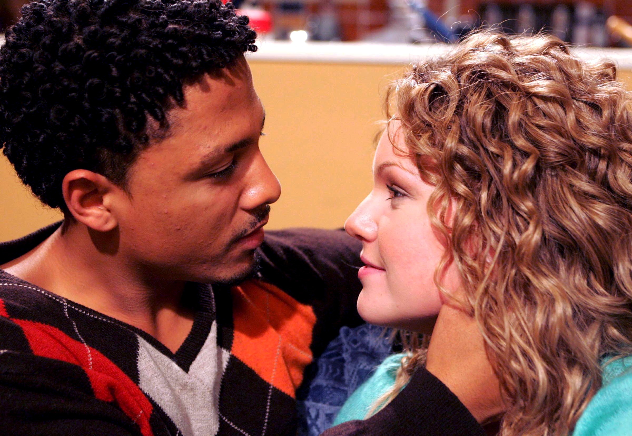 Emmerdale Danny Daggert prepares to kiss smiling Dawn Woods