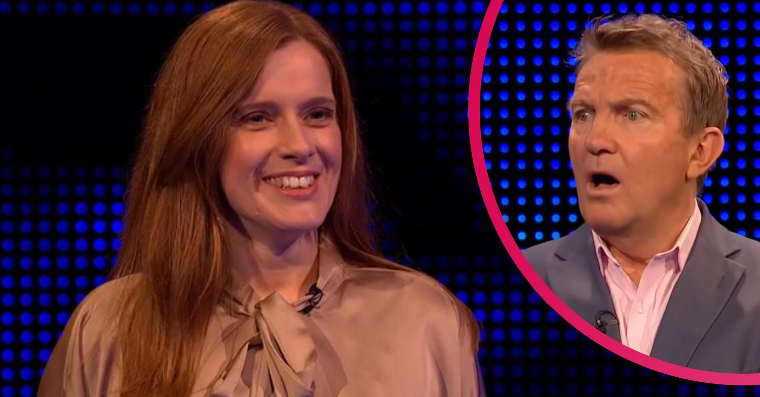 Esther smiling, Bradley Walsh looking shocked on The Chase