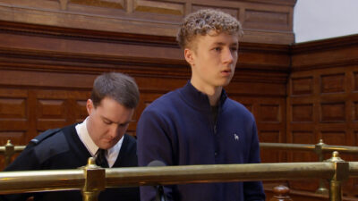 Emmerdale Noah looks nervous as he awaits his verdict in court