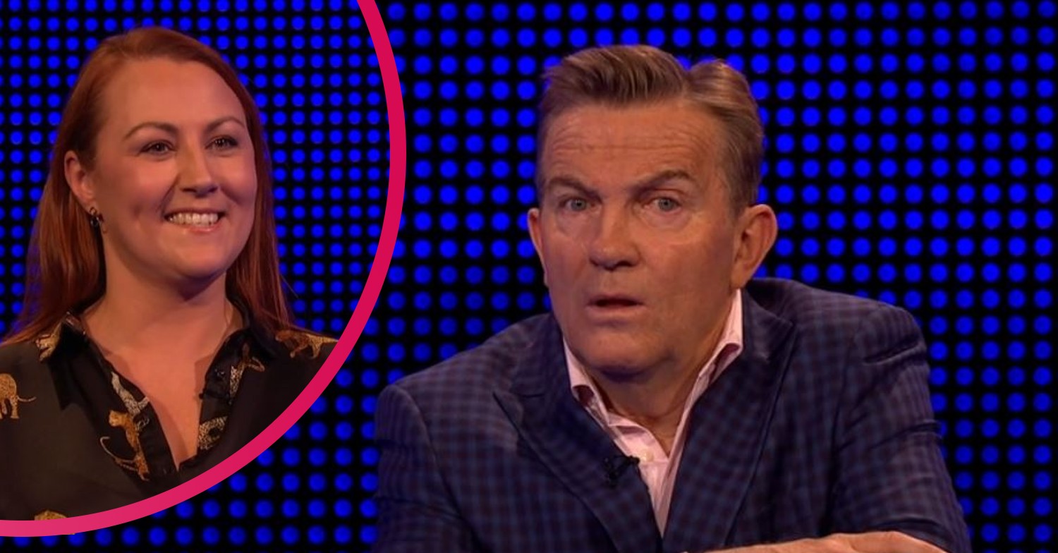 Bradley Walsh looks stunned and Nichola smiling on The Chase