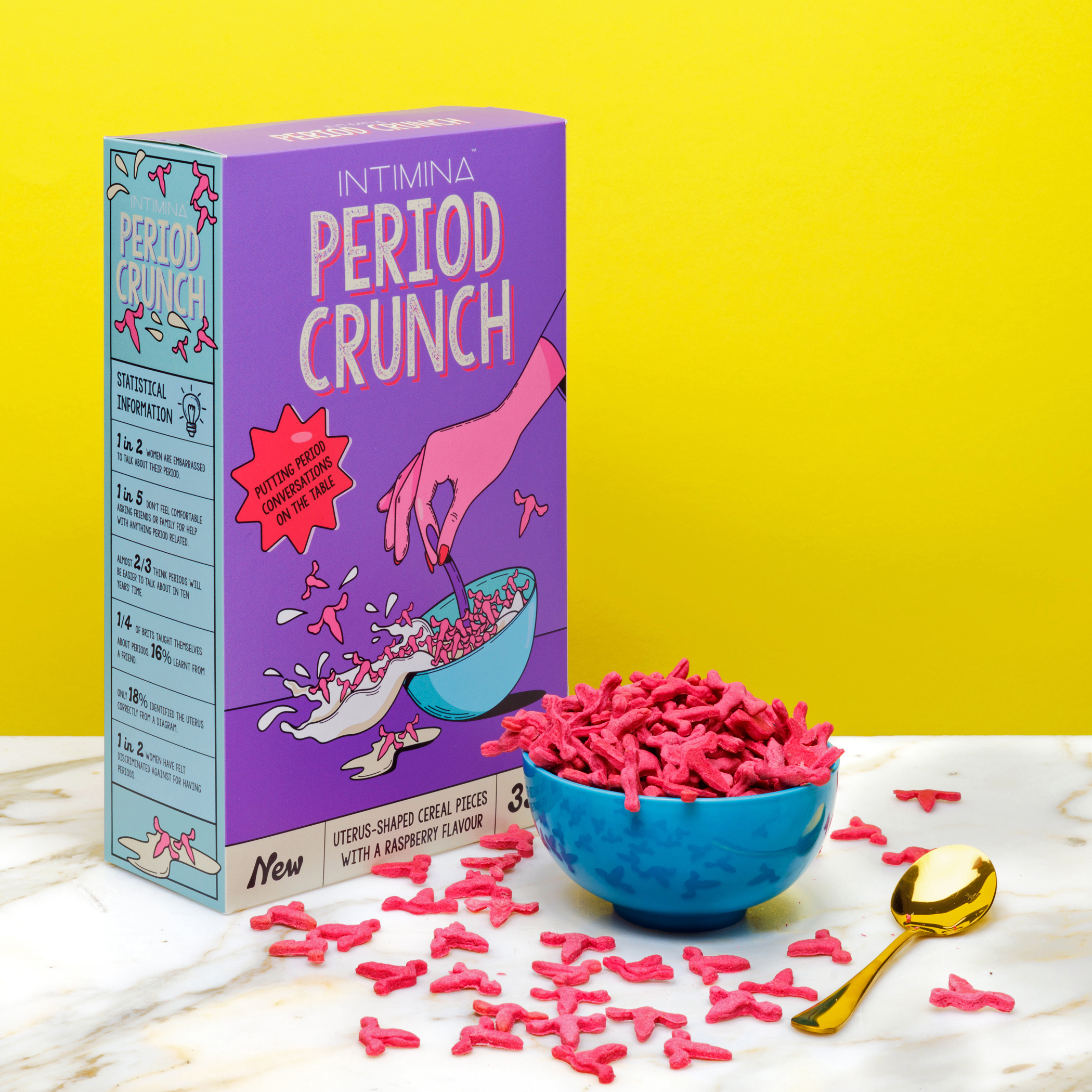 Menstrual-themed breakfast cereal Period Crunch in the box and in a bowl in promo photos