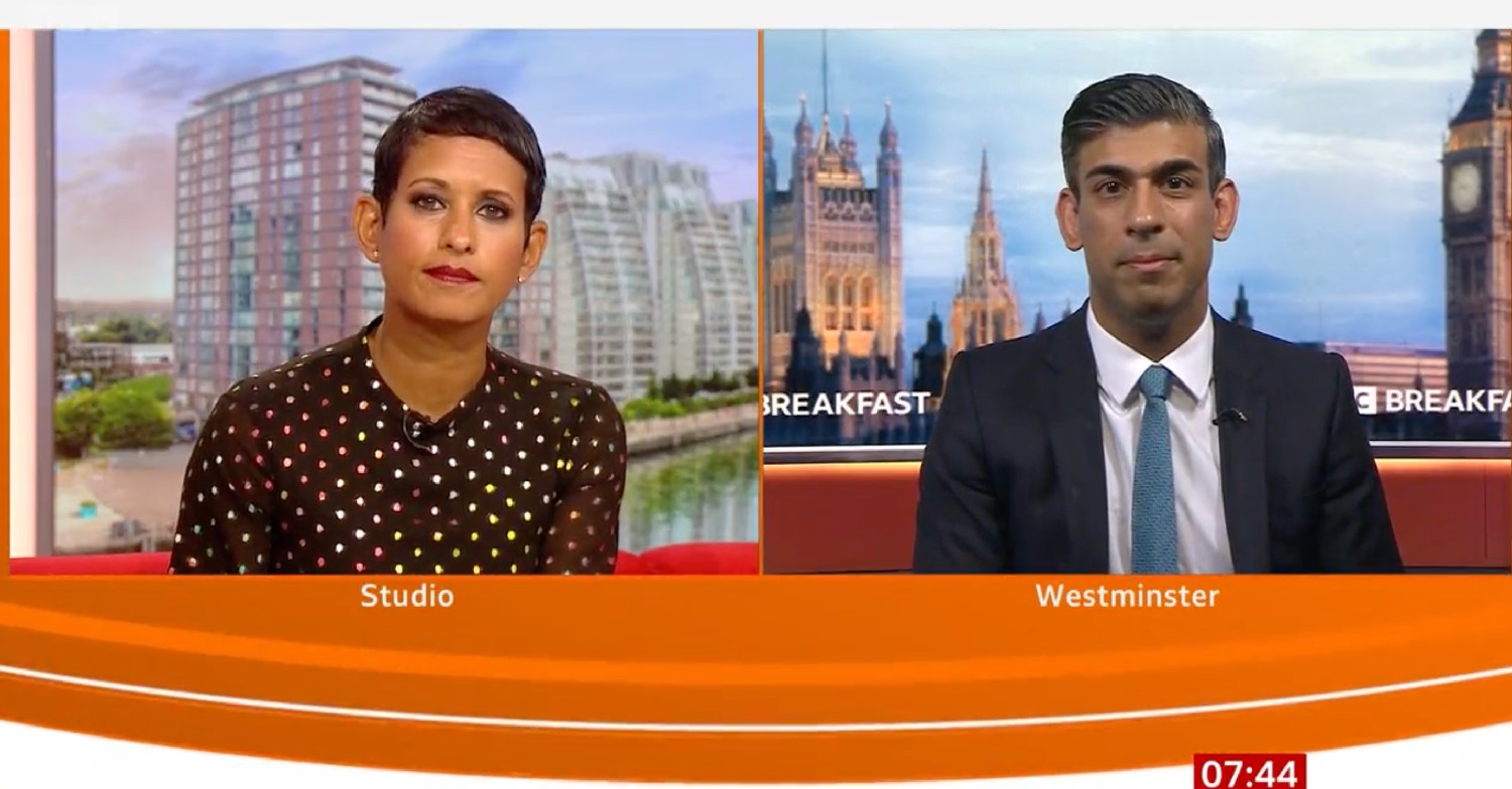 Naga Munchetty interviewing Rishi Sunak on BBC Breakfast today