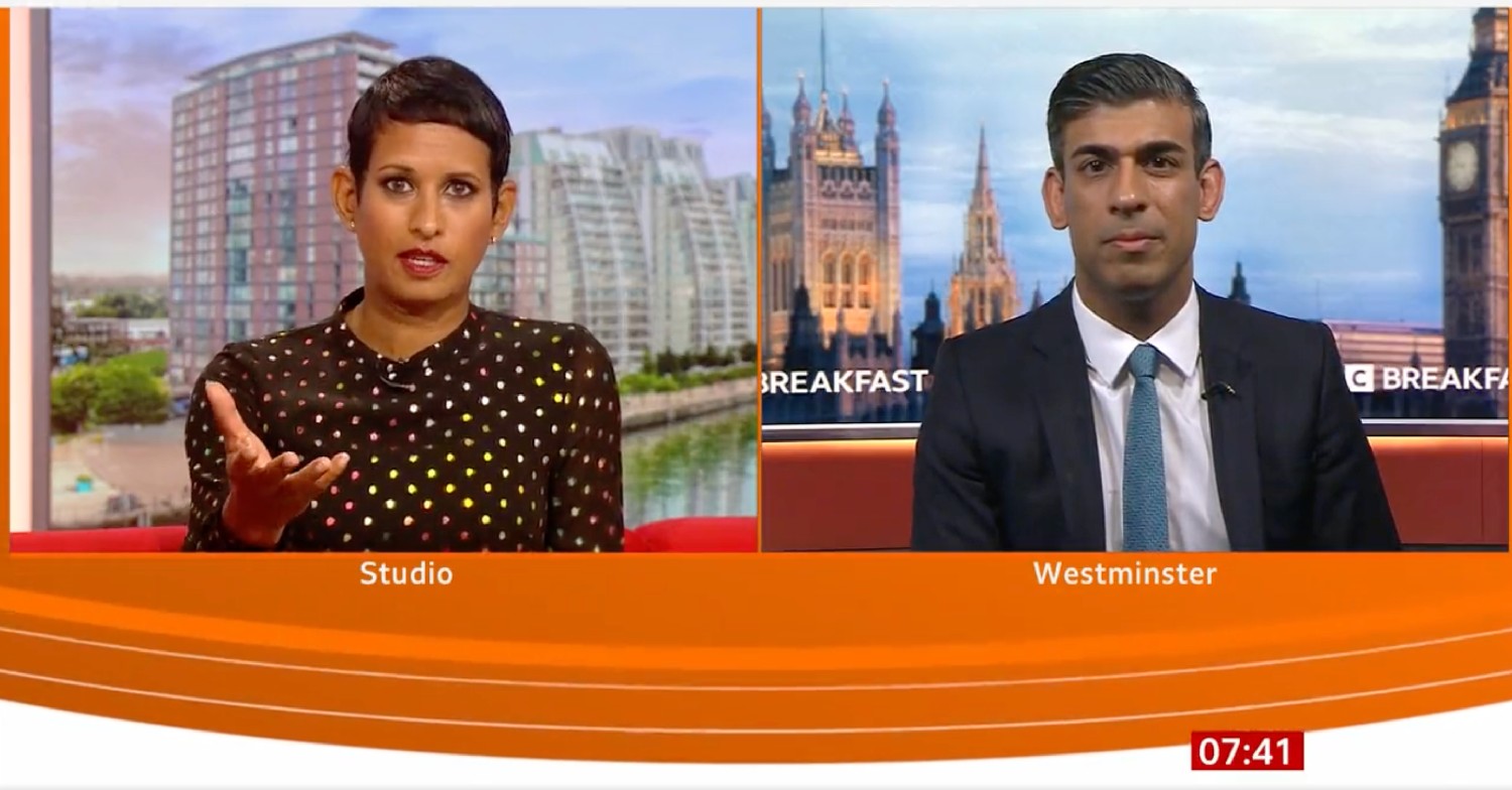 Naga Munchetty interviewing Rishi Sunak on BBC Breakfast today