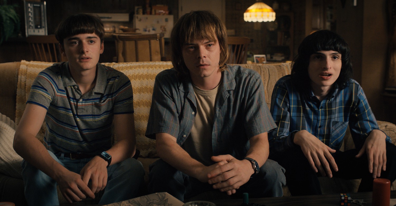 Will, Jonathan and Mike look confused on Stranger Things 