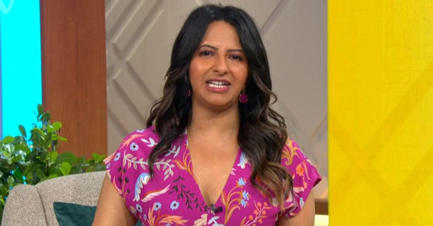 Ranvir Singh in a pink dress presenting Lorraine