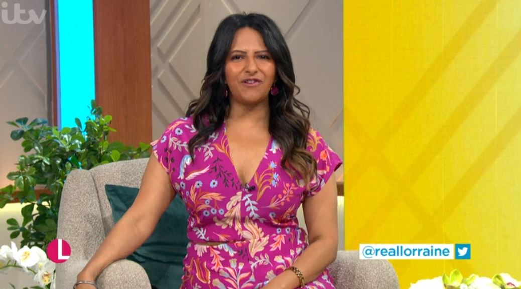 Ranvir Singh in a pink dress presenting Lorraine
