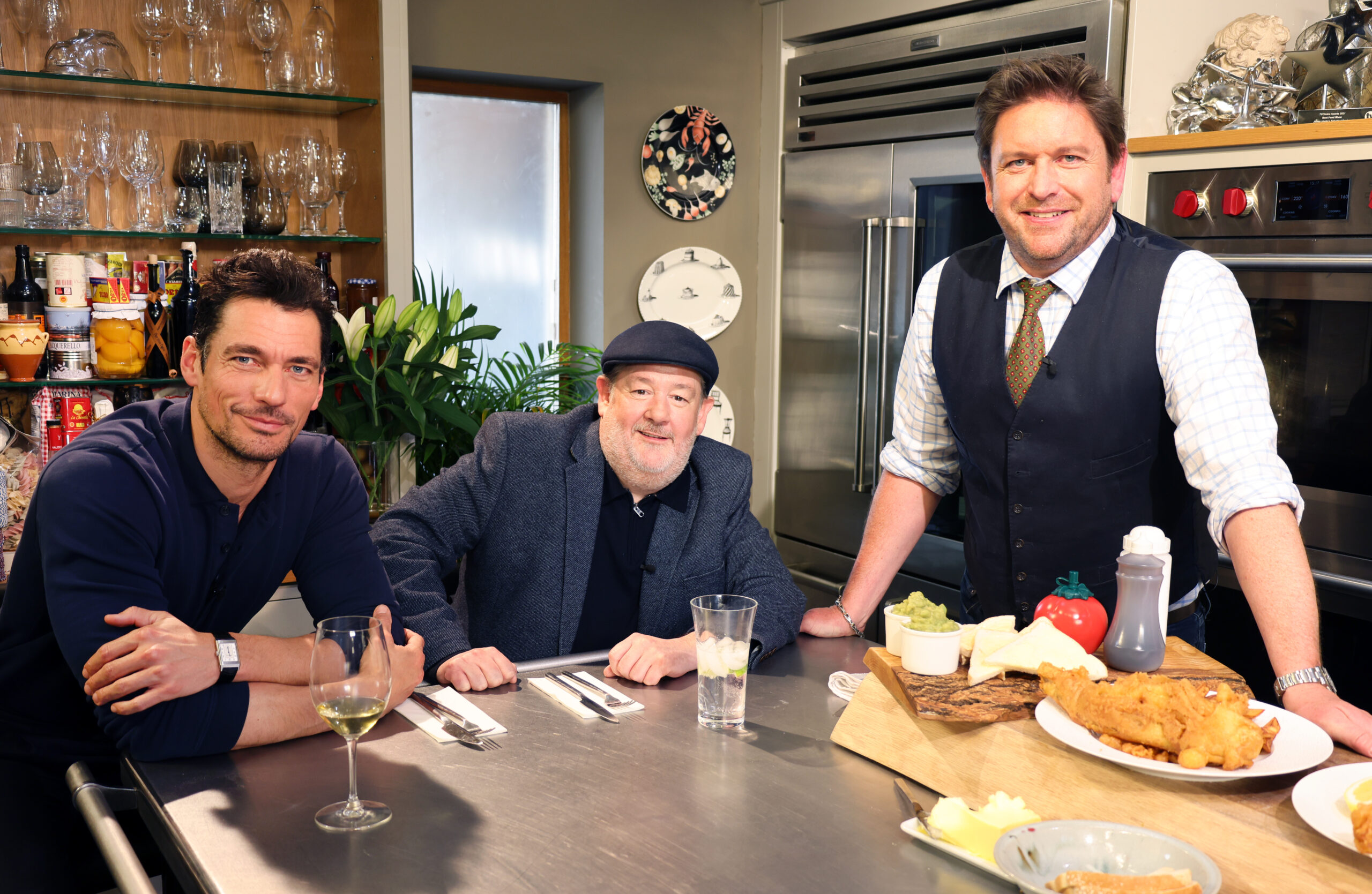 David Gandy Johnny Vegas and James Martin smile in James's kitchen