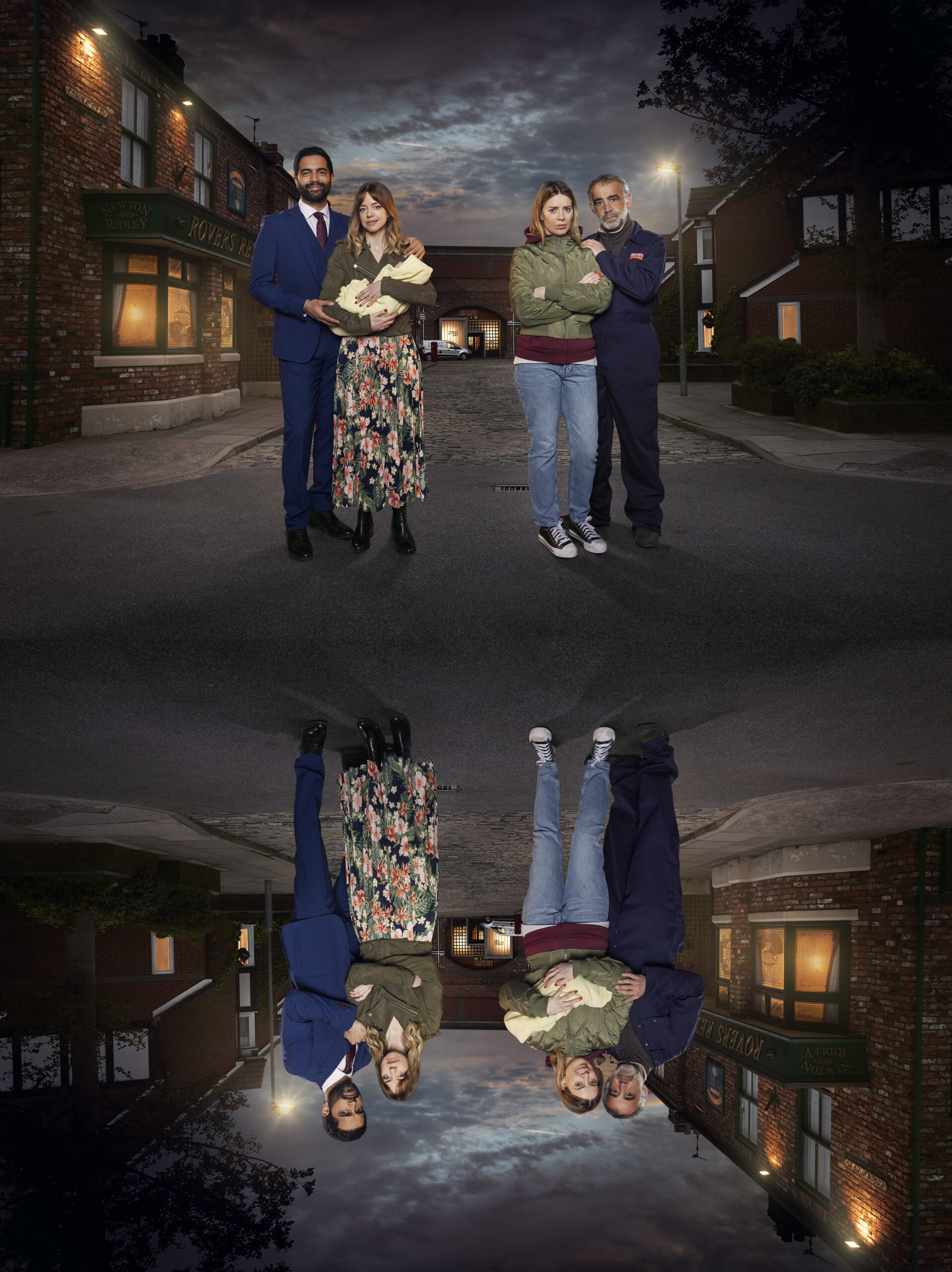 Coronation Street Imran and Toyah holding Alfie with Abi and Kevin