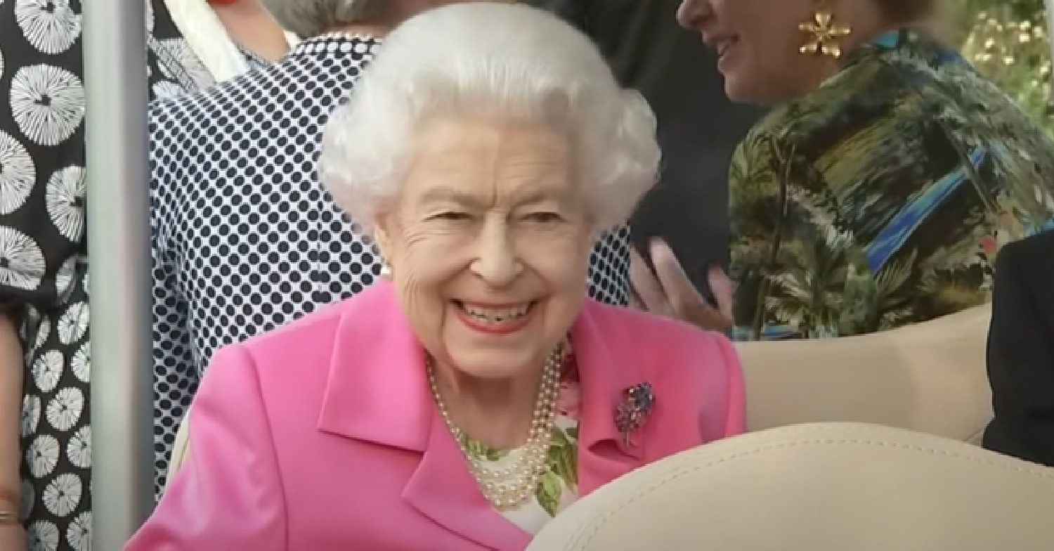 The Queen smiles in pink outfit as she sits on buggy at Chelsea Flower Show