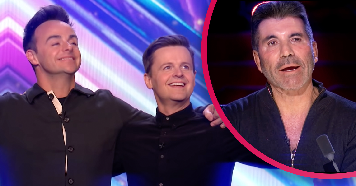 Ant and Dec smiling and Simon Cowell chatting