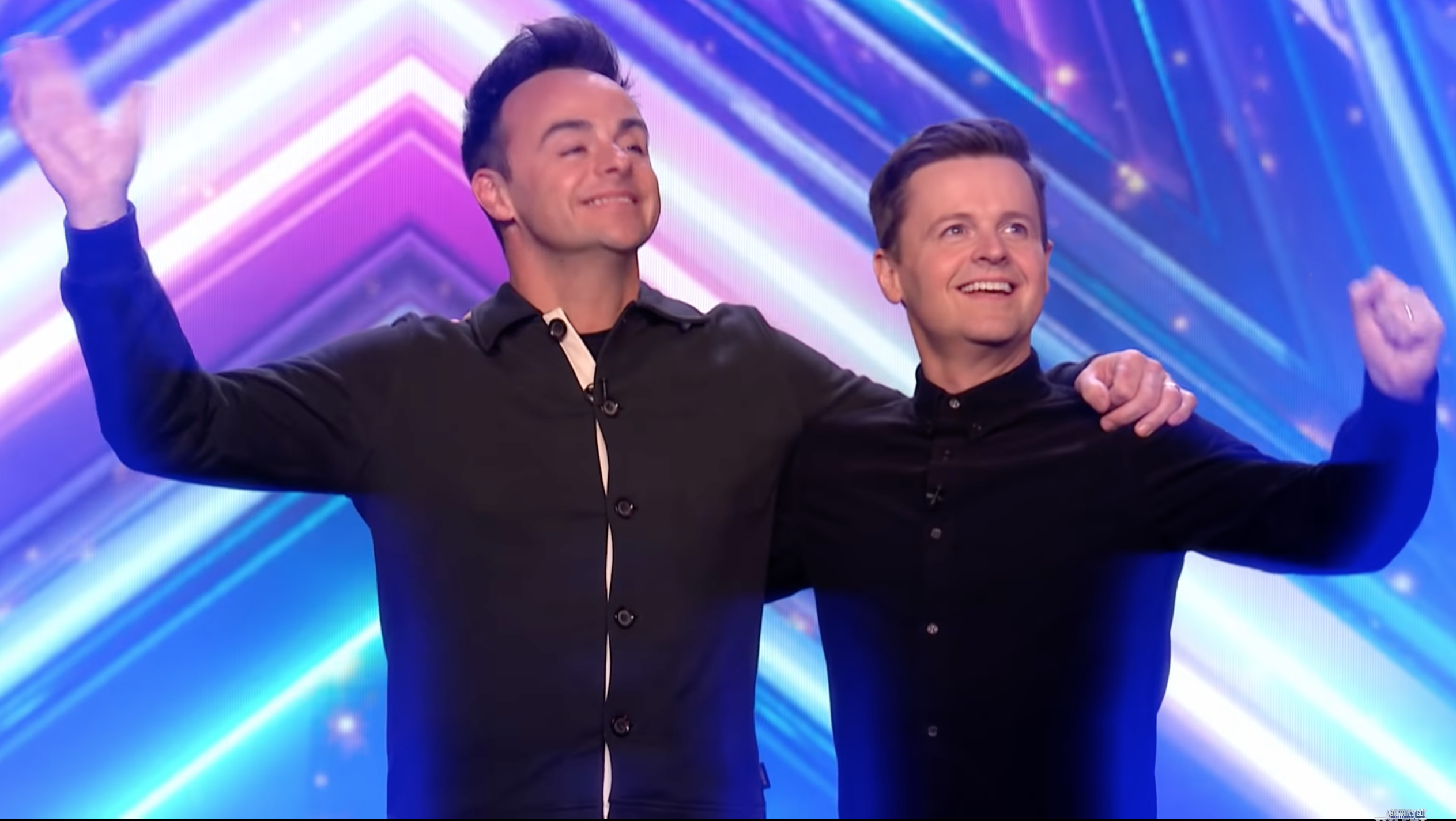 BGT hosts Ant and Dec hugging each other on stage