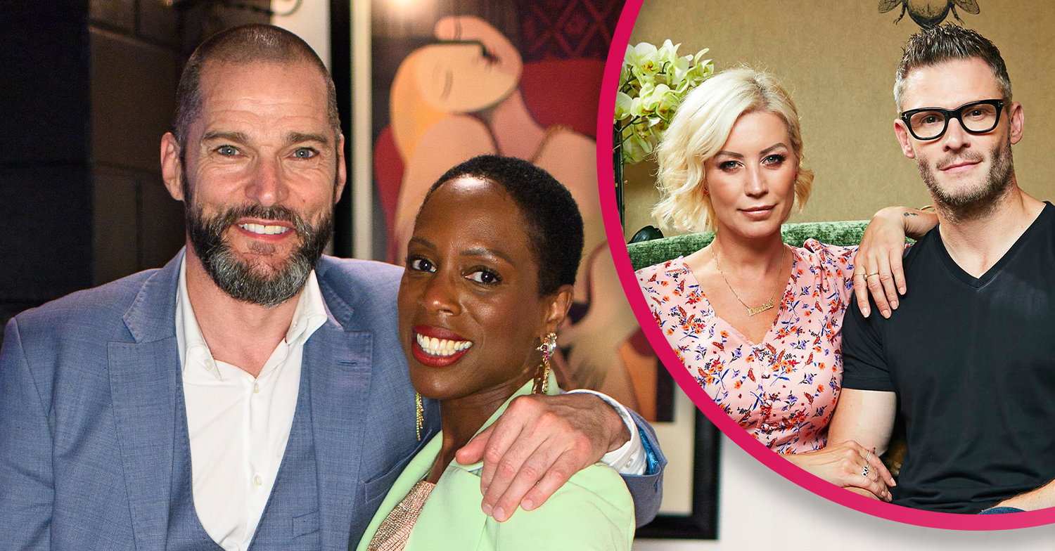Fred Sirieix and Fruitcake smiling and Denise Van Outen watching TV