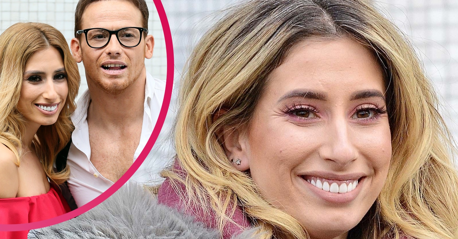 Stacey Solomon smiling and posing with Joe Swash in inset shot