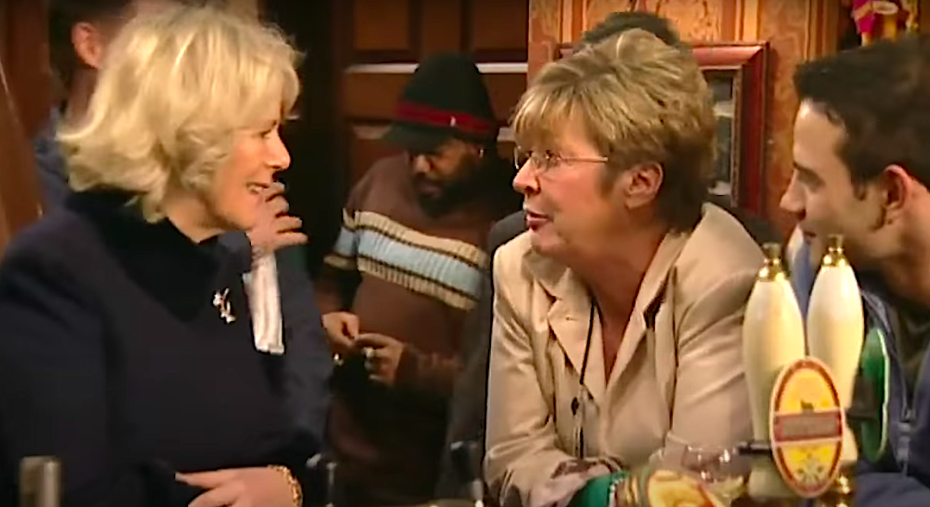 Camilla meets Anne Kirkbride on the set of Coronation Street in 2010, behind the bar at the Rovers