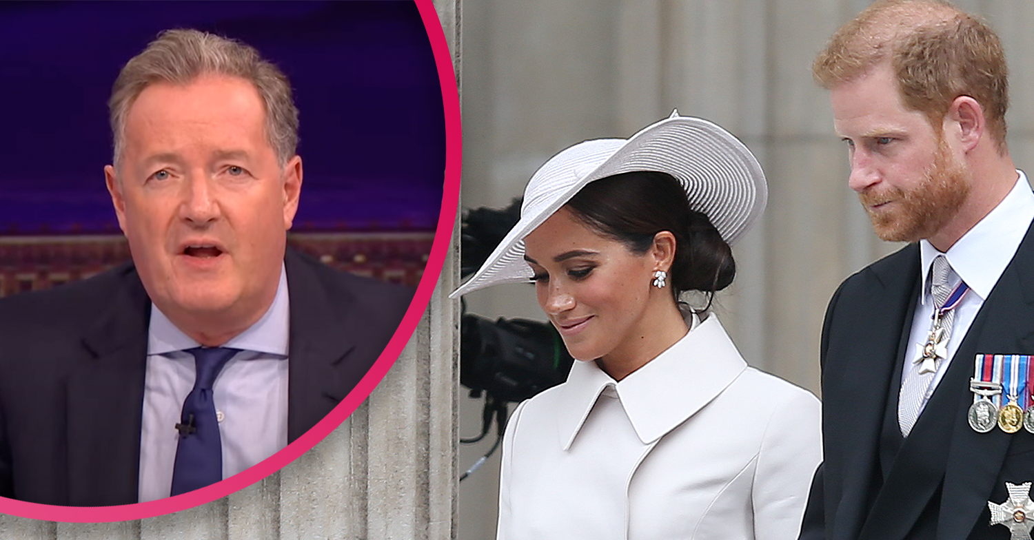 Harry and Meghan looking down and PIERS MORGAN ranting