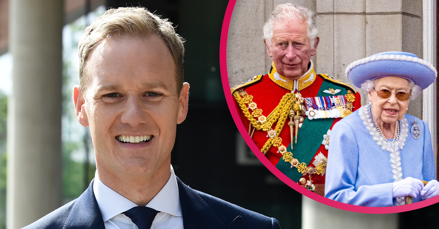 Dan Walker smiling and the Queen and Prince Charles looking unhappy