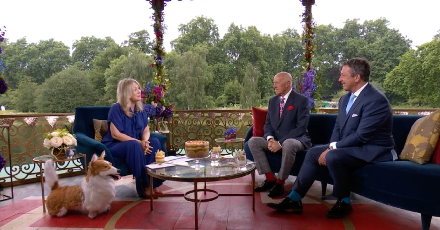 Jenna Melvin, Len Goodman, and John Torode on sofa's talking on BBC Jubilee show