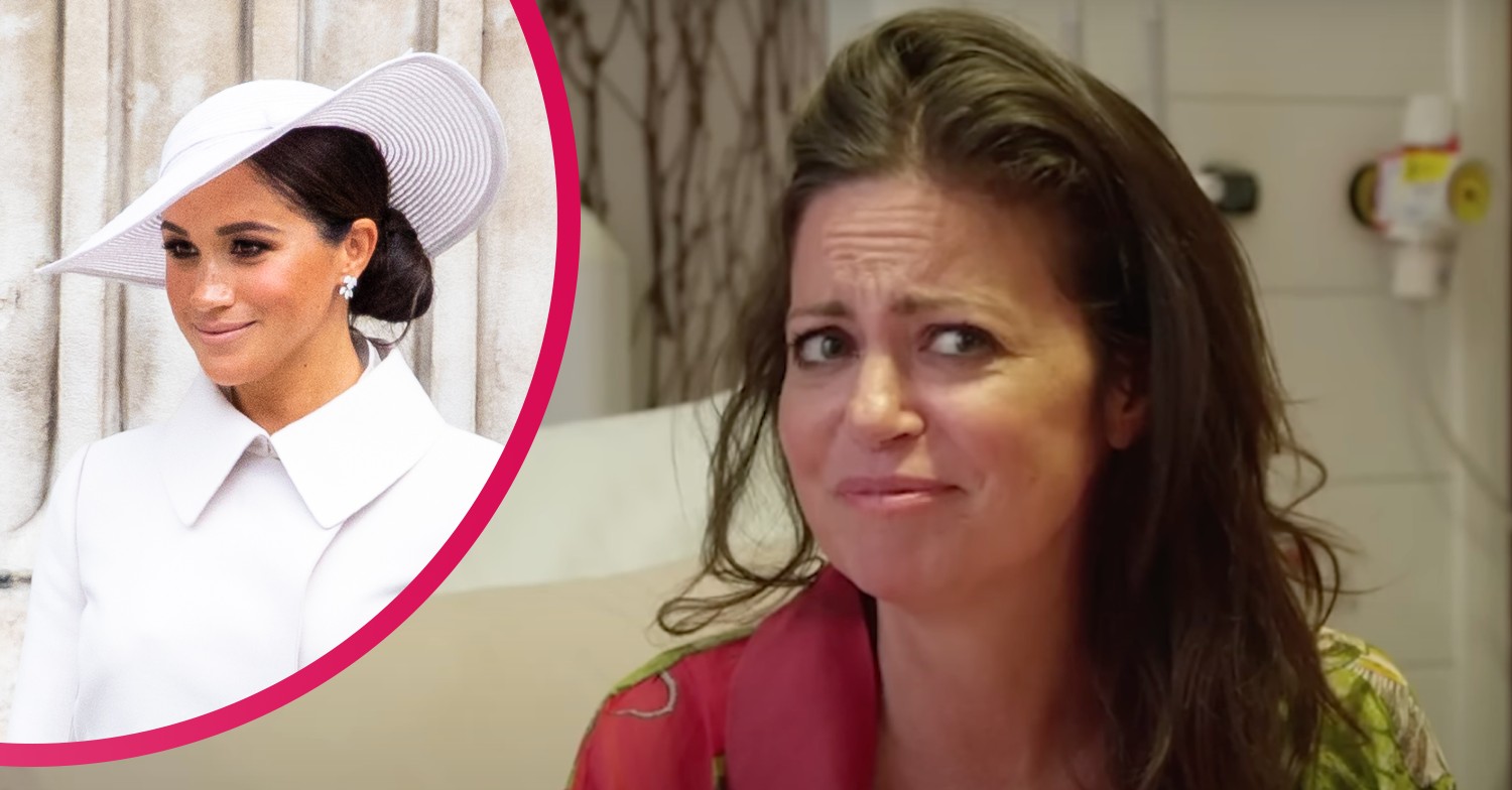 Meghan Markle smiling, Deborah James looking bemused