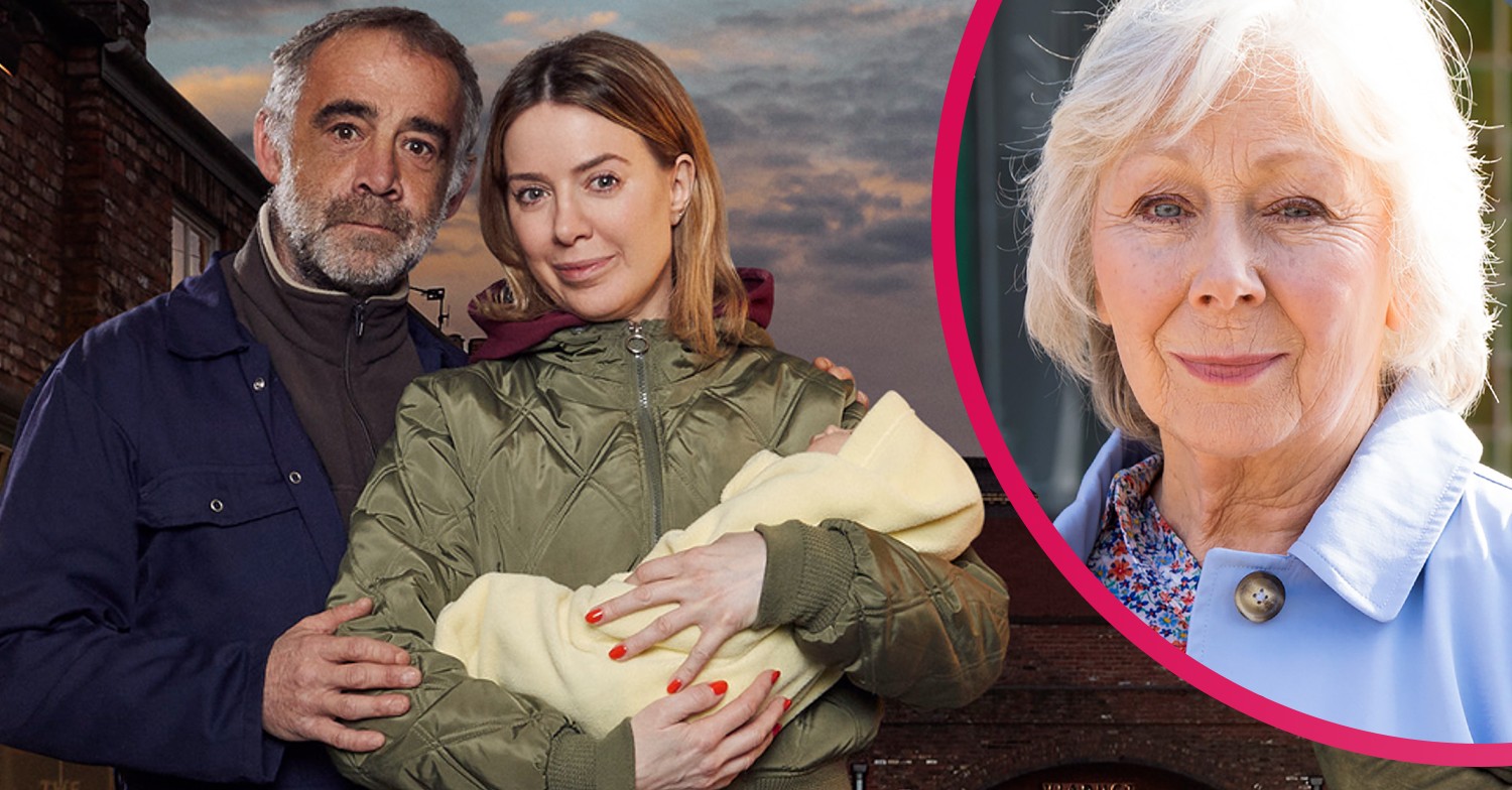 Coronation Street Kevin and Abi with baby Aflie and inset of Wendy