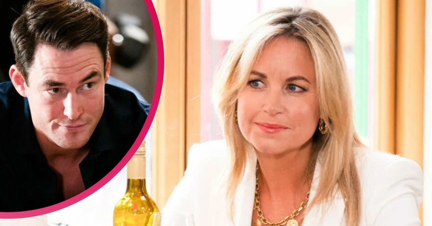 EastEnders Sam smiling with inset of Zack