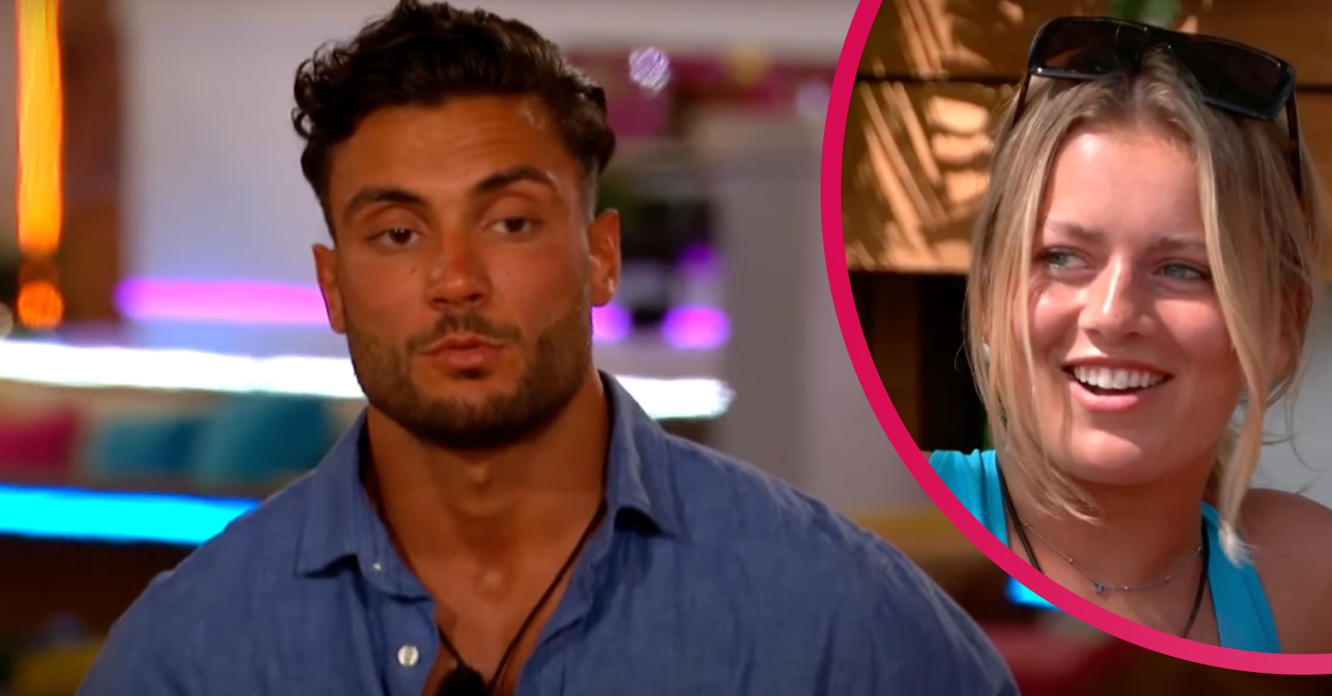 Davide in a blue shirt, Tash smiling on Love Island 2022