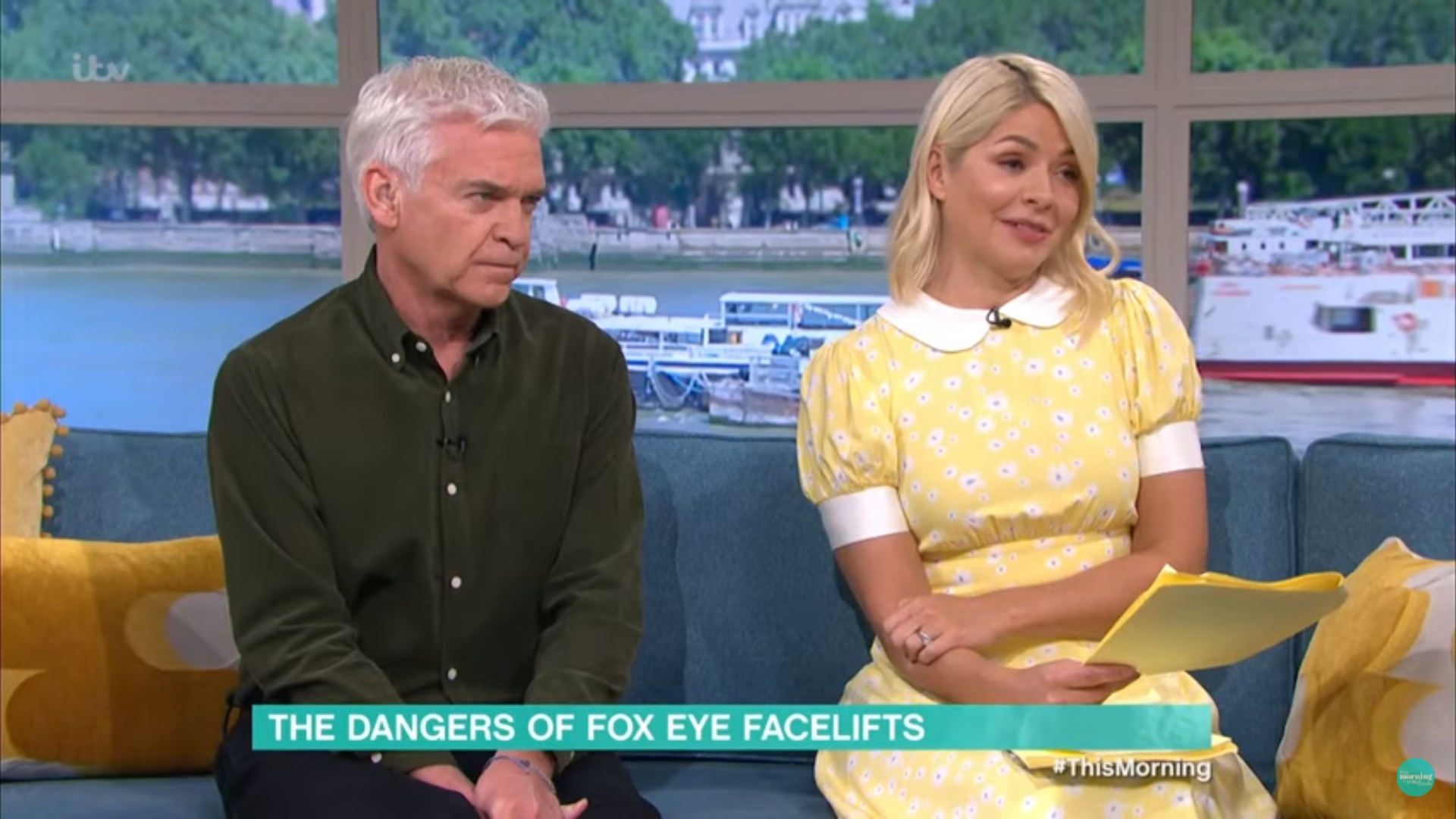 Holly Willoughby wearing a yellow dress on This Morning today alongside Phillip Schofield