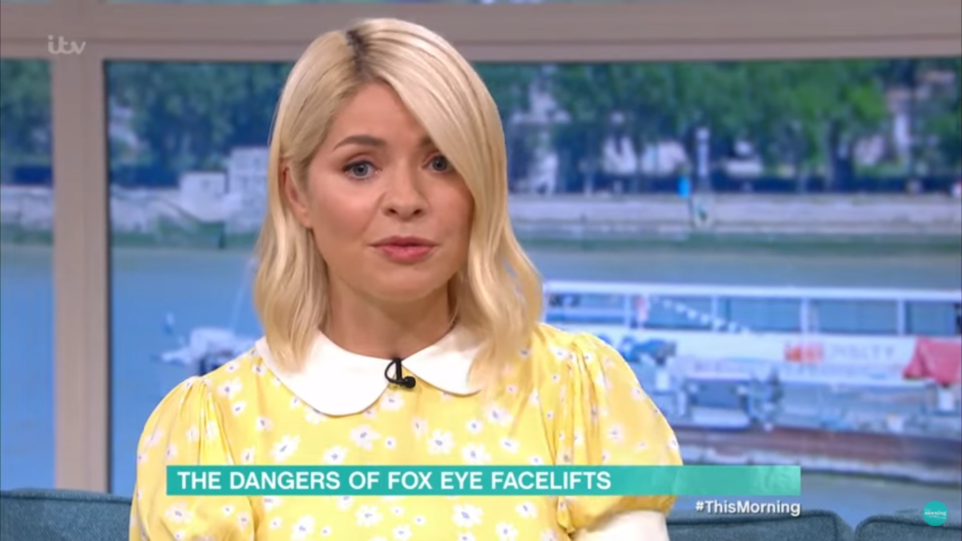 Holly Willoughby speaking in a yellow dress on This Morning today