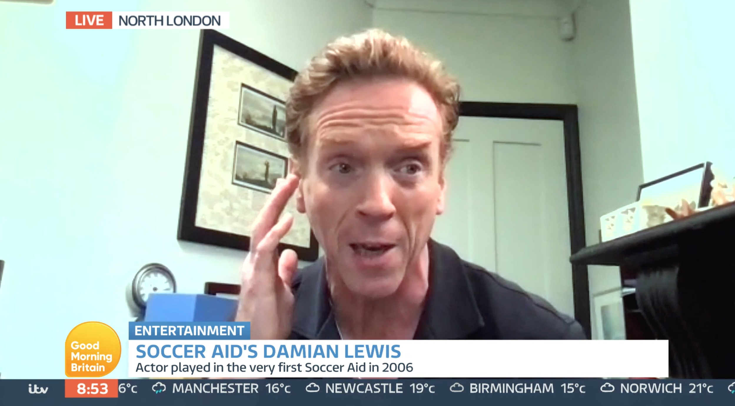 Damian Lewis chatting via video on GMB