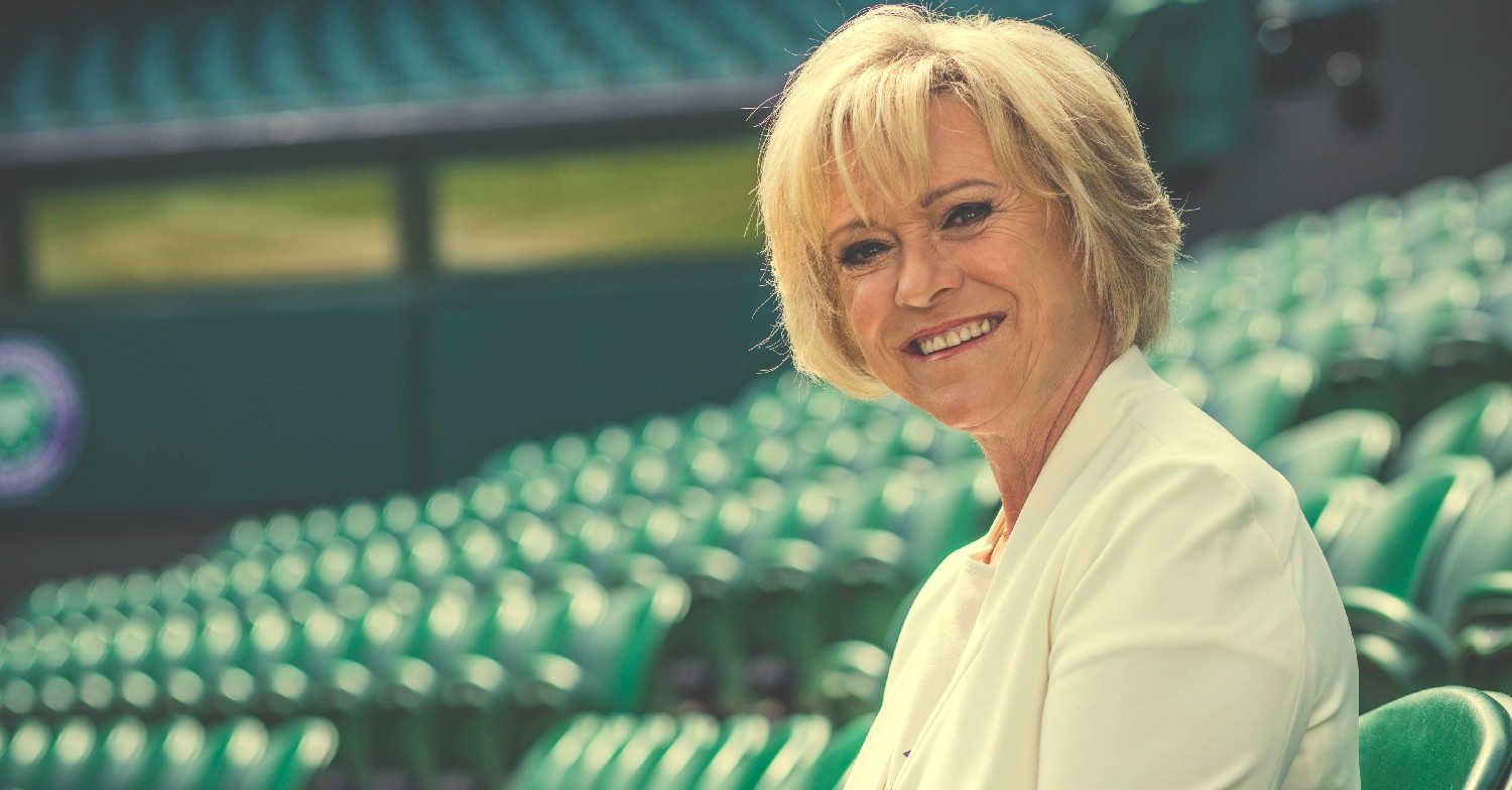 Sue Barker smiling at Wimbledon
