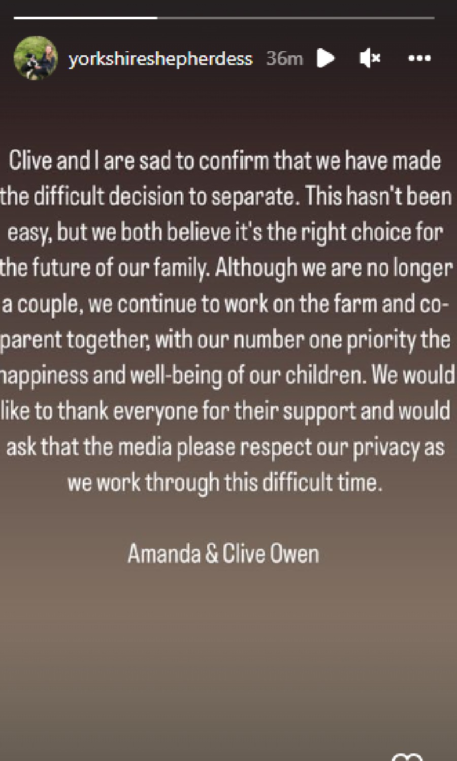 Amanda and Clive Owen share split statement on Instagram
