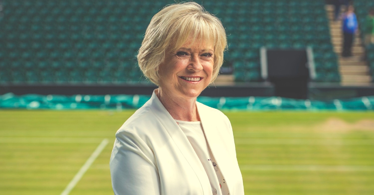 Sue Barker smiling at Wimbledon