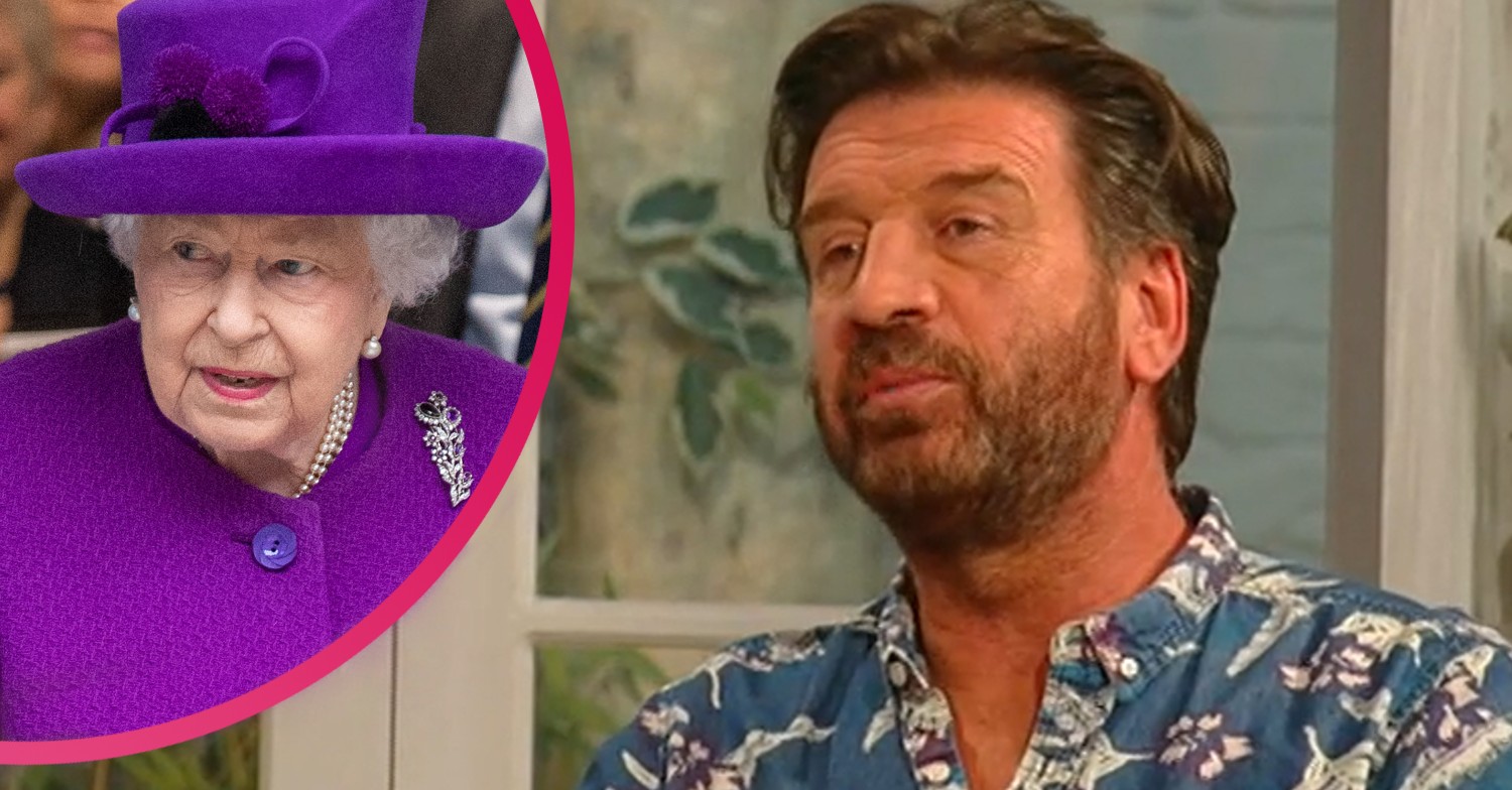 The Queen all in purple and Nick Knowles speaking on Saturday Kitchen