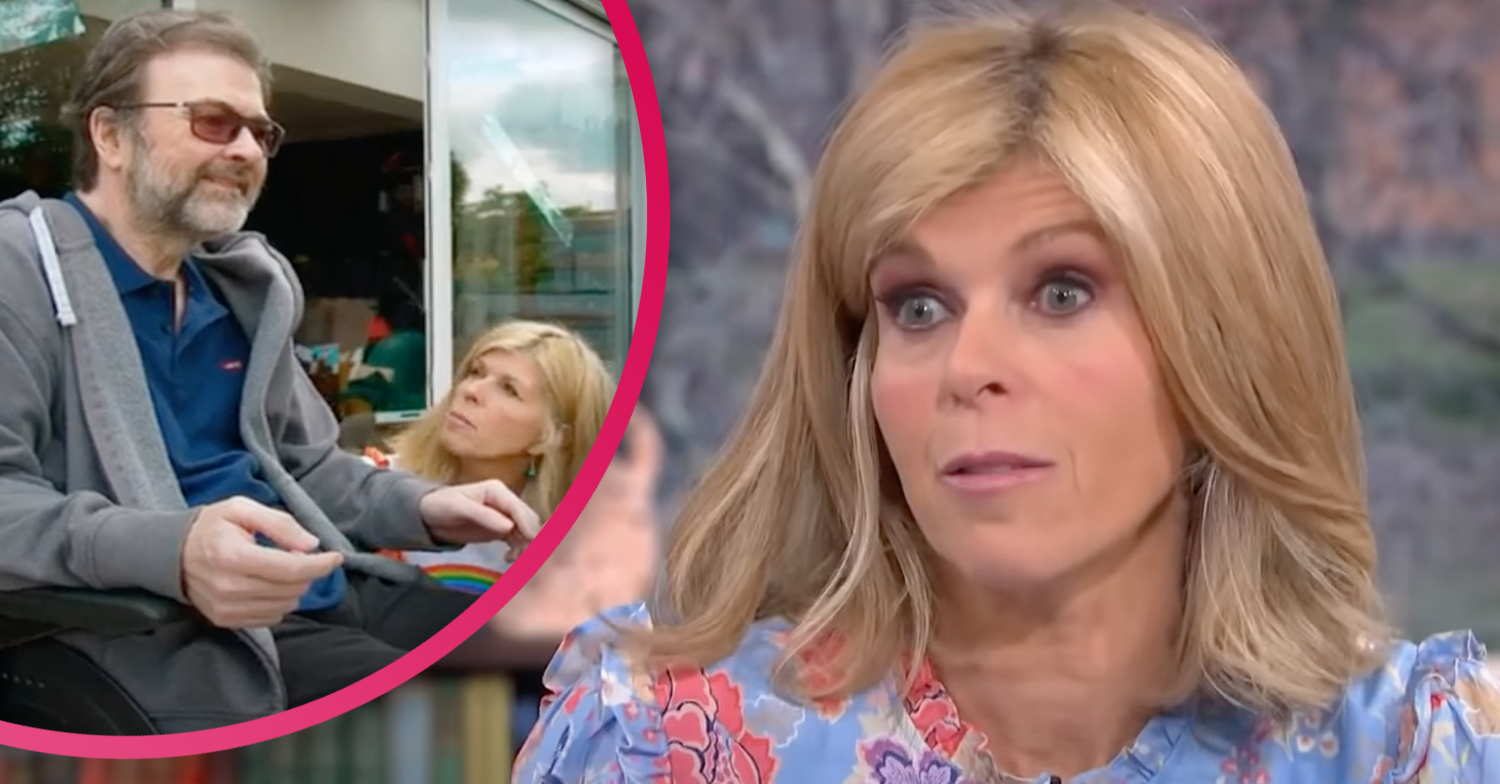 Derek in a wheelchair and Kate Garraway being interviewed