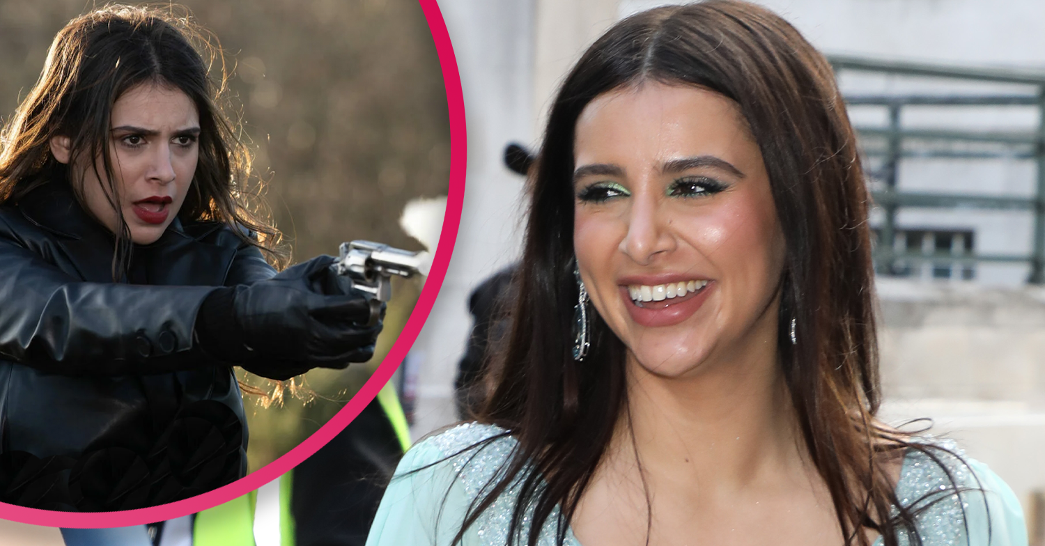 Paige Sandhu at the Soap Awards in a mint green dress smiling and inset at Meena in Emmerdale