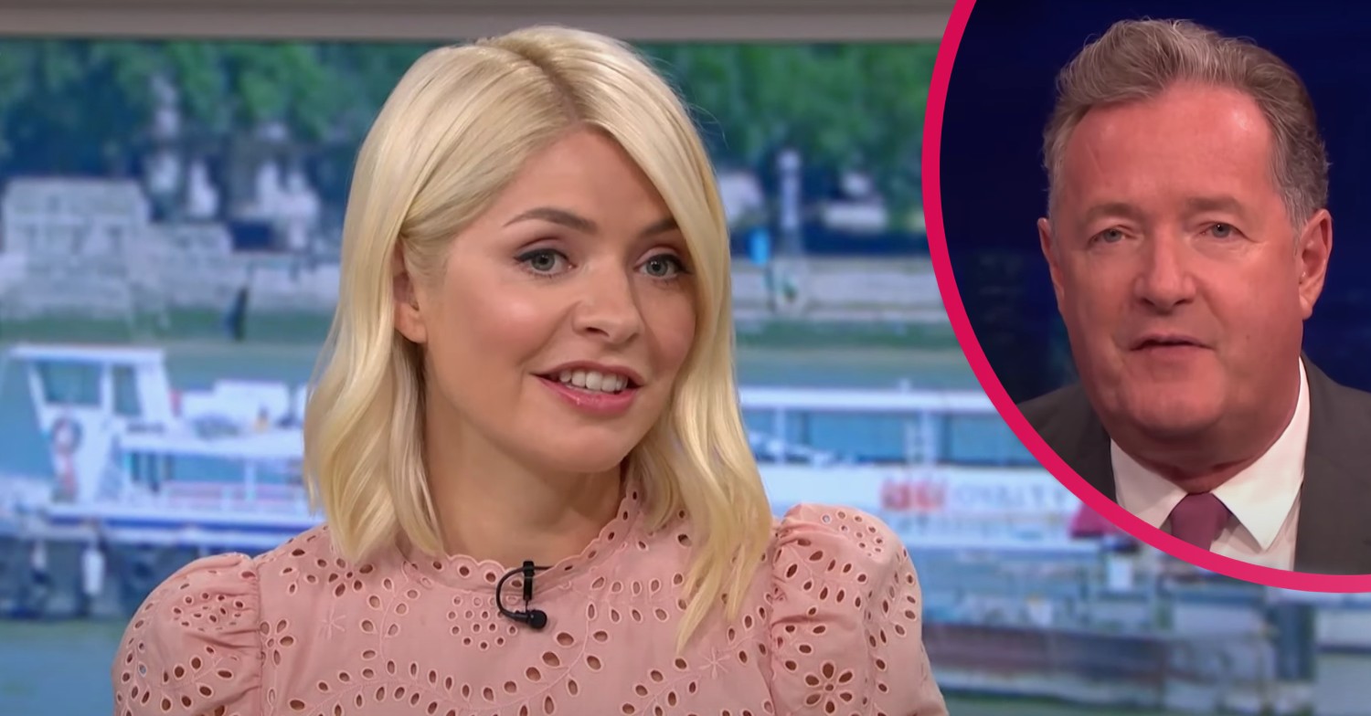Holly Willoughby smiling while Piers Morgan looks serious