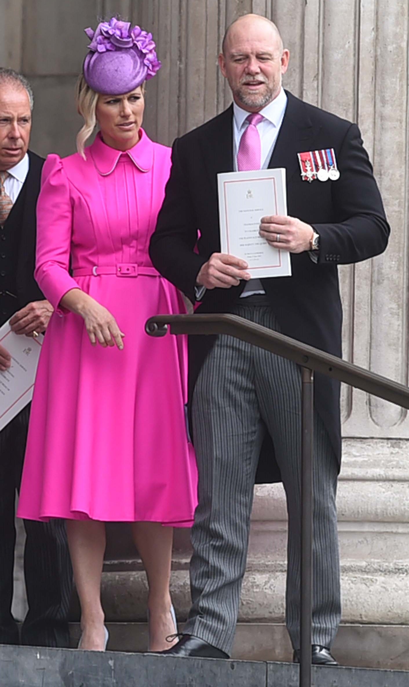 Zara Tindall in pink outfit with Mike Tindall at Jubilee service 